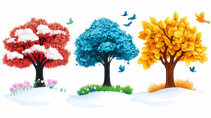 Tree isolated on white background, spring with flowers, summer with green leaves, autumn with yellow leaves, and winter with snow. Concept of nature and environment in paper cut cartoon style