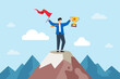 © VZ_Art - Flat illustration of success businessman holds winning flag and trophy on mountain peak symbolizing leadership