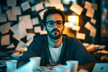 Wall Mural - Portrait of a burnout person looking exhausted, surrounded by a cluttered and messy workspace filled with papers and coffee cups. 