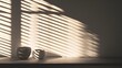 © Tonadech - Delicate light through window blinds: Light subtly streaming through horizontal blinds, casting soft linear shadows on minimalist objects, evoking a peaceful ambiance