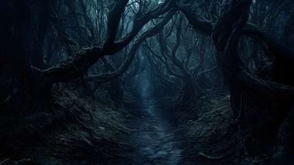 Wall Mural - a dark, oppressive forest with paths that lead nowhere: the trees are gnarled and twisted, with no v