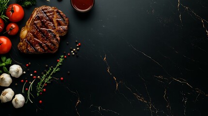 Wall Mural - Gourmet steak with fresh ingredients on a dark marble background