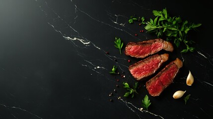 Wall Mural - Juicy grilled steak with fresh herbs and spices on marble surface