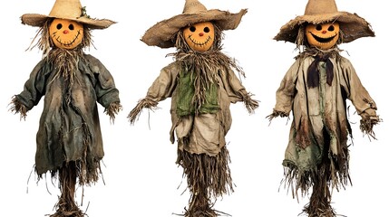 Three smiling scarecrows in rustic attire stand on a white background.