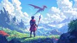 © Wachirasak Jamwimol - 16-bit RPG character in a fantasy landscape, holding a magical staff, wearing pixelated armor, with a dragon flying in the background and classic RPG interface elements at the edges