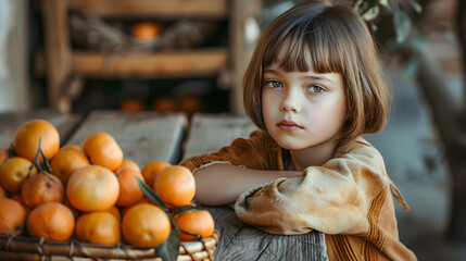 girl with basket of oranges on the table