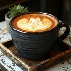 beautifully crafted latte in dark ceramic cup, showcasing intricate leaf shaped latte art. warm tones of coffee contrast with rustic wooden tray, creating cozy atmosphere