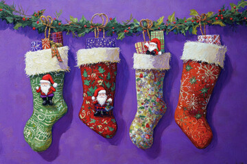 Three Christmas stockings hang on a purple wall, each adorned with festive decorations and ready to be filled with holiday surprises.