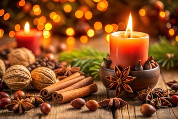 Wall Mural - Inviting holidays christmas setting with candle cinnamon and festive glow