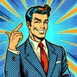 © Dream Imagination - A dynamic comic-style illustration of a sharp-dressed businessman, smiling confidently while pointing upward with a clever gesture