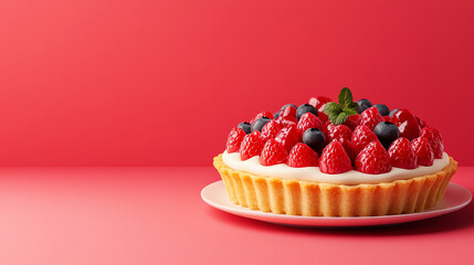 Delicious fruit tart topped with fresh strawberries and blueberries on a pastel pink background, perfect for dessert lovers and baking enthusiasts.