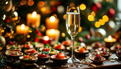 Holiday Dinner with Champagne and Christmas Canapés. Festive Table with Champagne and Holiday Snacks. Holiday Celebration with Champagne and Christmas Snacks