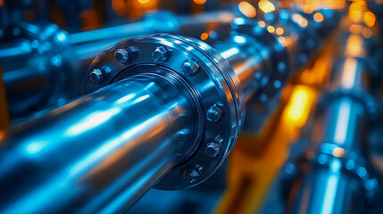 Shiny industrial pipeline system is connecting with flange and bolts in power plant infrastructure