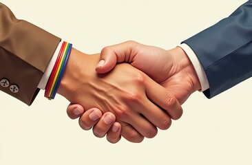 Two men's palms in a handshake. One hand is wearing a rainbow bracelet