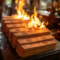 Joss Paper Burning for Ancestors in Chinese New Year or Tomb Sweeping Day - Closeup