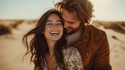 Wall Mural - A couple is smiling and hugging on a beach