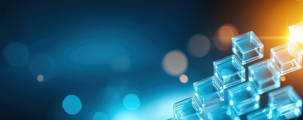 Abstract technology background with glowing blocks and blue bokeh lights.
