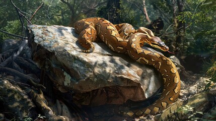 Wall Mural - A Large Python Snake Coiled on a Rock in a Tropical Forest