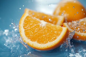 Wall Mural - Fresh orange slices splash into water.