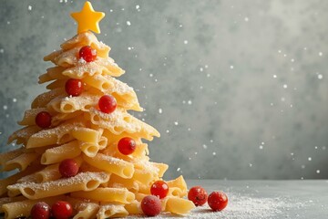 Creative pasta christmas tree with cherry tomatoes and festive snowy backdrop.