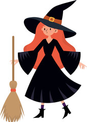 witch with broom, in black clothes, cute, illustration, for backgrounds, designers