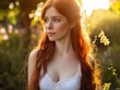 © TPS Studio - A serene red-haired woman in a white dress stands outdoors, bathed in warm, golden sunlight amidst lush greenery.