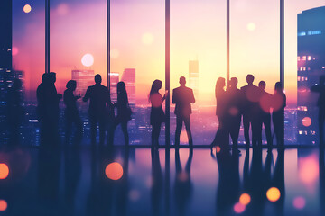 Silhouettes of people against a sunset skyline, suggesting networking or social interaction.