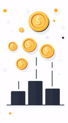 Wall Mural - gold coins falling into a bar chart for financial growth illustration with yellow and white background