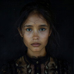 Wall Mural - portrait of an ethereal young woman, looking straight ahead, directly at camera, tied-back black hair, against a black background