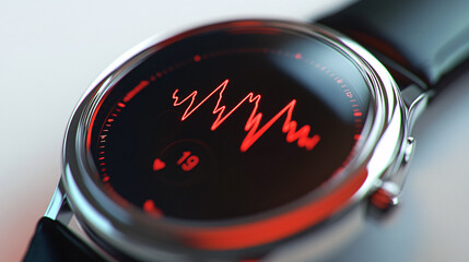 closeup of a silver and red heart rate smart watch with a black strap