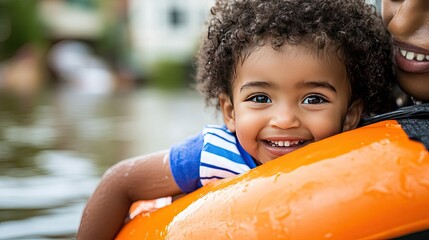 Joyful Child Smiling by the Water in Kayak Scene