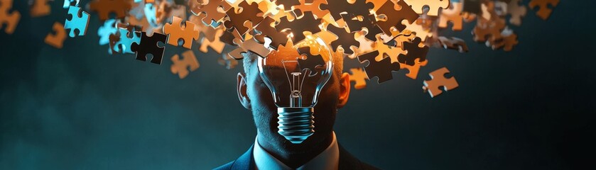 Creative thinking in business, lightbulb made of puzzle pieces floating above a businessman's head, innovation