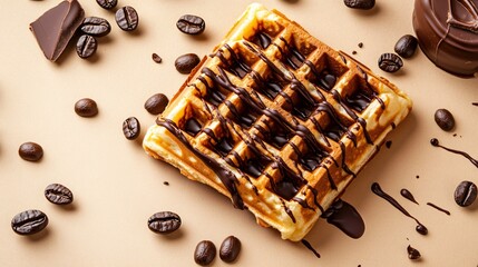 Espresso-flavored waffles with chocolate drizzle, isolated on a pale brown background with decorative coffee beans and caramel