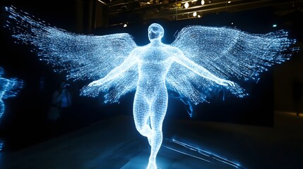 Wall Mural - 17. a glowing hologram of a human figure in flight, wings made of light