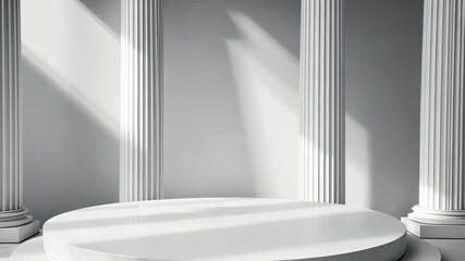 Wall Mural - a round platform sits in front of three white columns in a room with bright, natural light