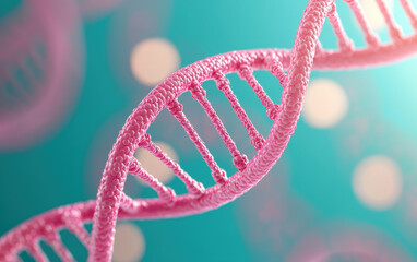 Glowing pink DNA double helix strands with bokeh background Concept of genetic engineering, science research, and discovery