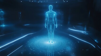 Wall Mural - 7. a hologram of a human figure standing in a meditative pose, emitting soft glows