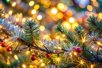 Wall Mural - christmas tree branch with warm glow lights festive holidays christmas atmosphere