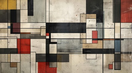 Wall Mural - Abstract Geometric Composition with Red, Black, Grey, and Beige Rectangles on a Distressed Background