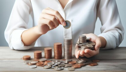 a woman is arranging coins, savings concept, saving process, financial management, frugal living concept, money saving procedures, white studio background