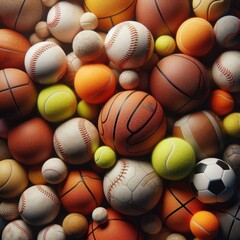 various sports balls of different shapes, sizes, and wear conditions. The pile includes well-worn baseballs with dirt and scratches