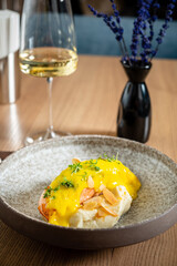 Poster - salmon steak with mashed potato and wine