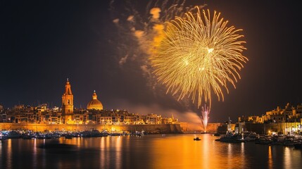 Wall Mural - a stunning yellow fireworks display bursts above marsaxlokk, malta, in celebration of the tal-madonn