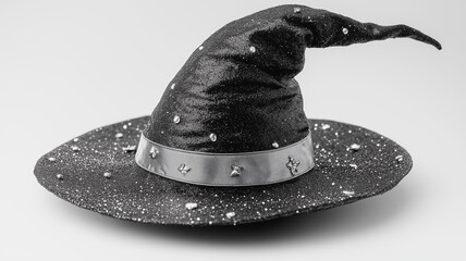 A black hat with a black ribbon and a black star on it. The hat is decorated with glitter and has a pointy top