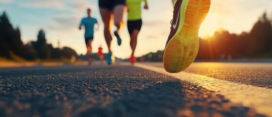 Marathon race with men running side by side, feet pounding the pavement under bright skies Midangle view, crisp detail, natural lighting highlighting the runners