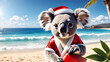 © Kim - Cool koala santa claus on sunny beach resort, scenic ocean background. Australian summer christmas happy new year festive season greeting card, holiday maker creative wildlife animal 3d digital poster