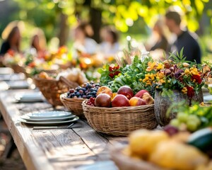 Vibrant assortment of fresh fruits on wooden table in garden setting, sunny afternoon.