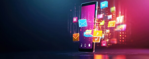 Colorful mobile apps and icons emerging from smartphone screen concept of technology, communication and digital marketing