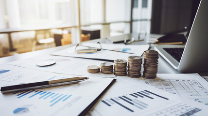 Desk with coins, graphs, and a laptop in a professional environment.