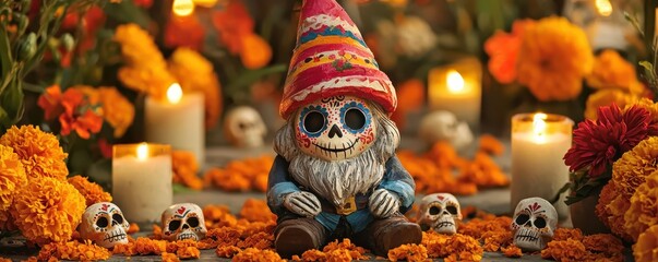 Colorful Day of the Dead gnome surrounded by marigolds and candles, capturing the vibrant spirit and traditions of the Mexican celebration.